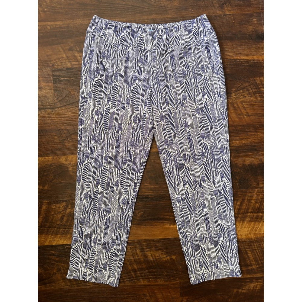 J McLaughlin Masie Pants Women Large Blue White Excellent Geometric Leaf Crop